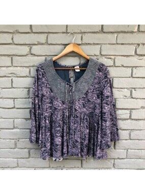 Akemi & Kin Boho Top Denim Blue Crochet Neckline with Flare Sleeve Tunic Top